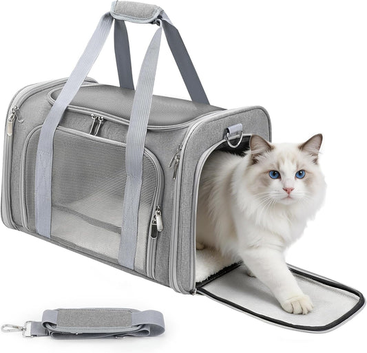 Cat Carrier Soft, Dog Carriers for Small Dogs/Large Cats (Up to 16lbs), with High Breathability, Shoulder Strap, Removable Pad, Pet Carrier Airline Approved, for Home Outdoor Travel (Gray)