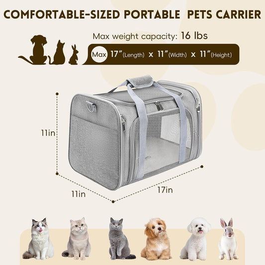 Cat Carrier Soft, Dog Carriers for Small Dogs/Large Cats (Up to 16lbs), with High Breathability, Shoulder Strap, Removable Pad, Pet Carrier Airline Approved, for Home Outdoor Travel (Gray)