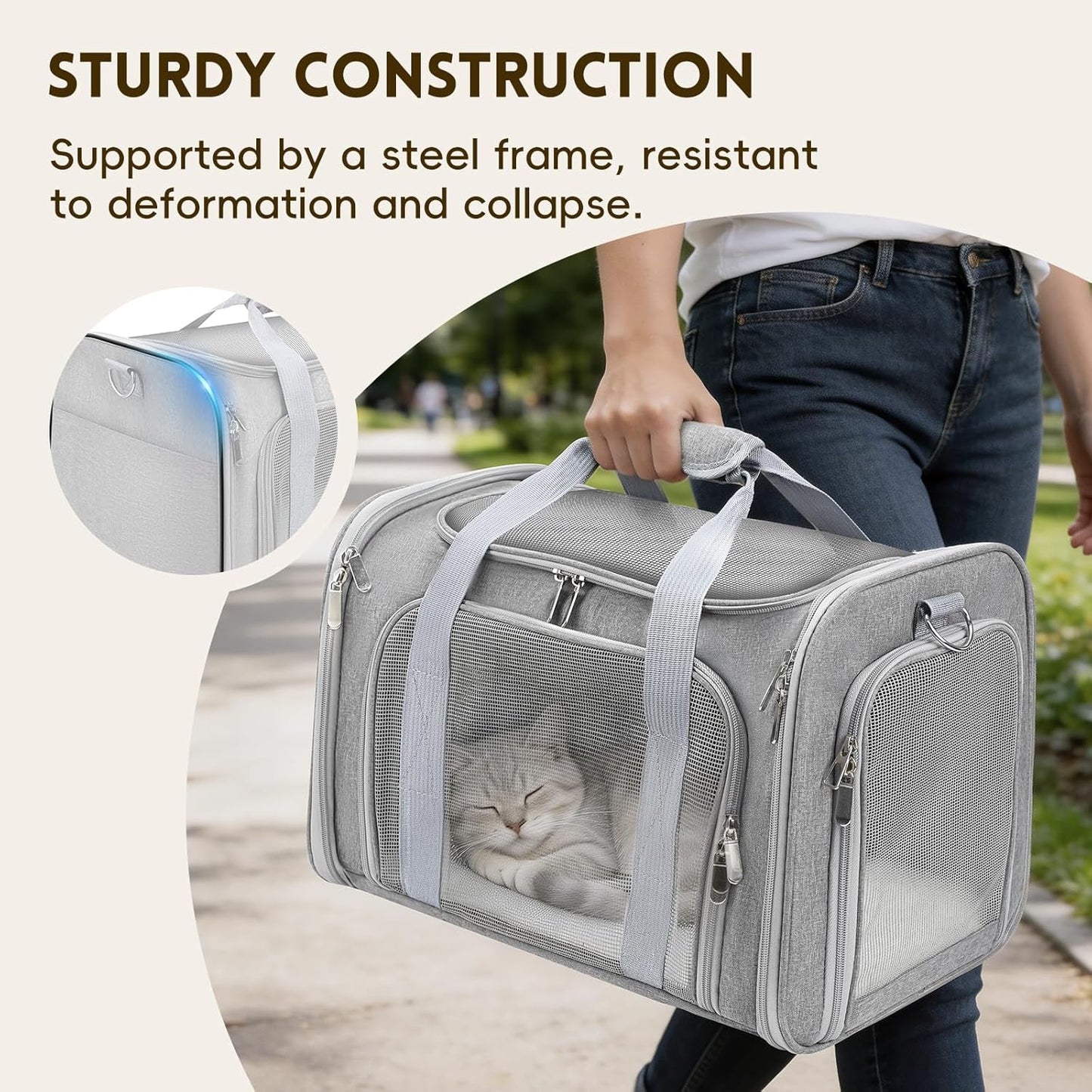 Cat Carrier Soft, Dog Carriers for Small Dogs/Large Cats (Up to 16lbs), with High Breathability, Shoulder Strap, Removable Pad, Pet Carrier Airline Approved, for Home Outdoor Travel (Gray)