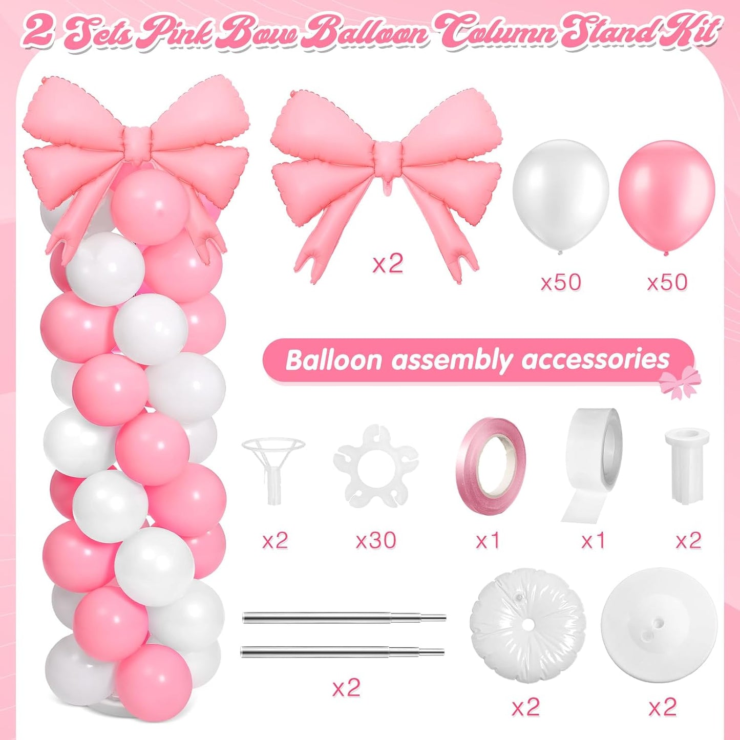 Bow Balloon Column Stand Set of 2, Pink,White