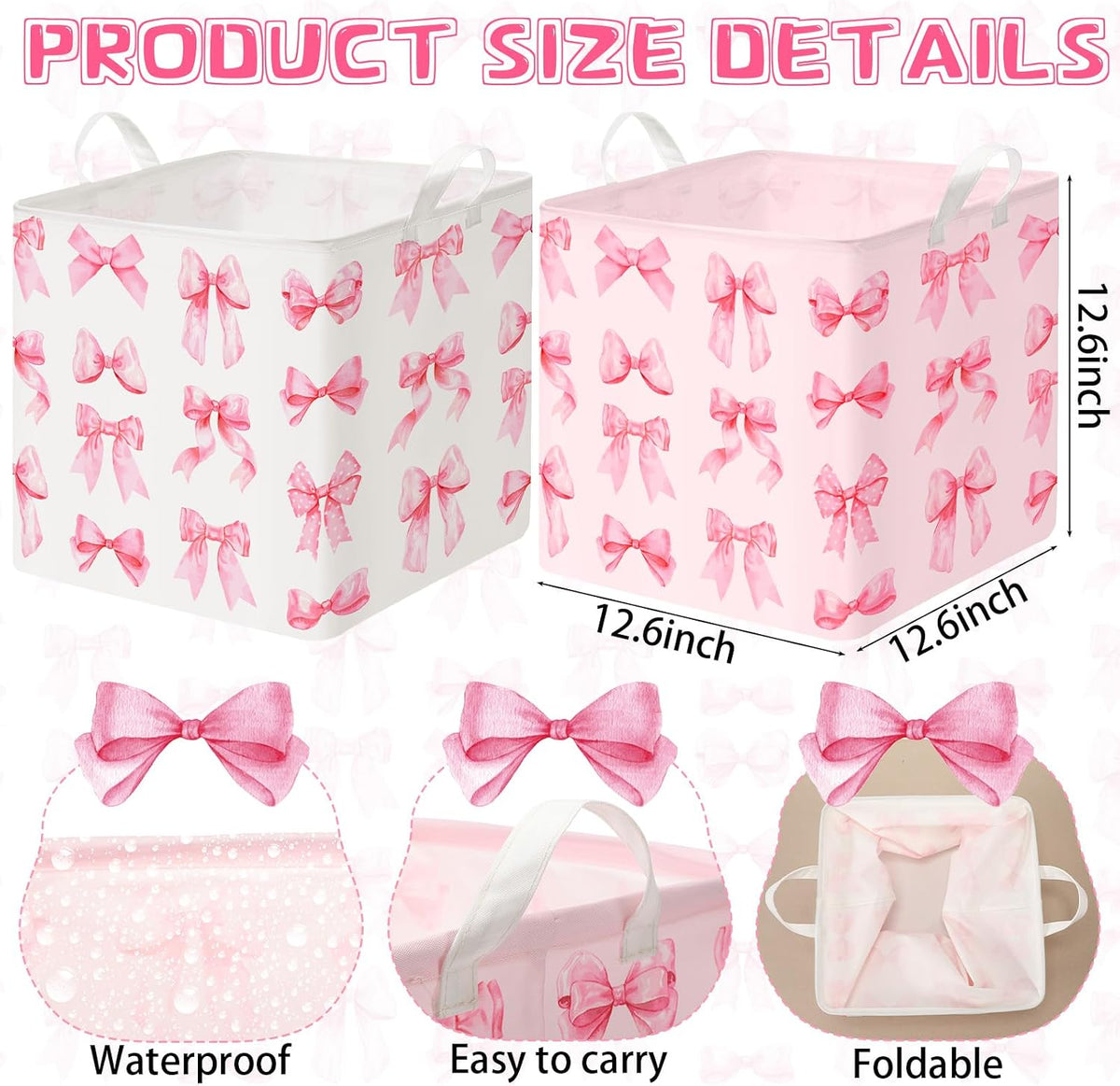 2 Pack Pink Bow Laundry Basket, Foldable Waterproof, 12.6 Inch