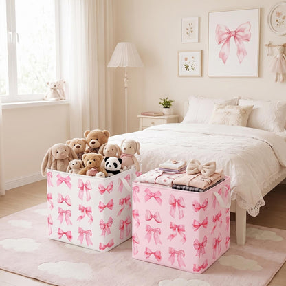 2 Pack Pink Bow Laundry Basket, Foldable Waterproof, 12.6 Inch