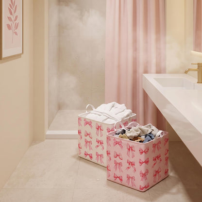 2 Pack Pink Bow Laundry Basket, Foldable Waterproof, 12.6 Inch