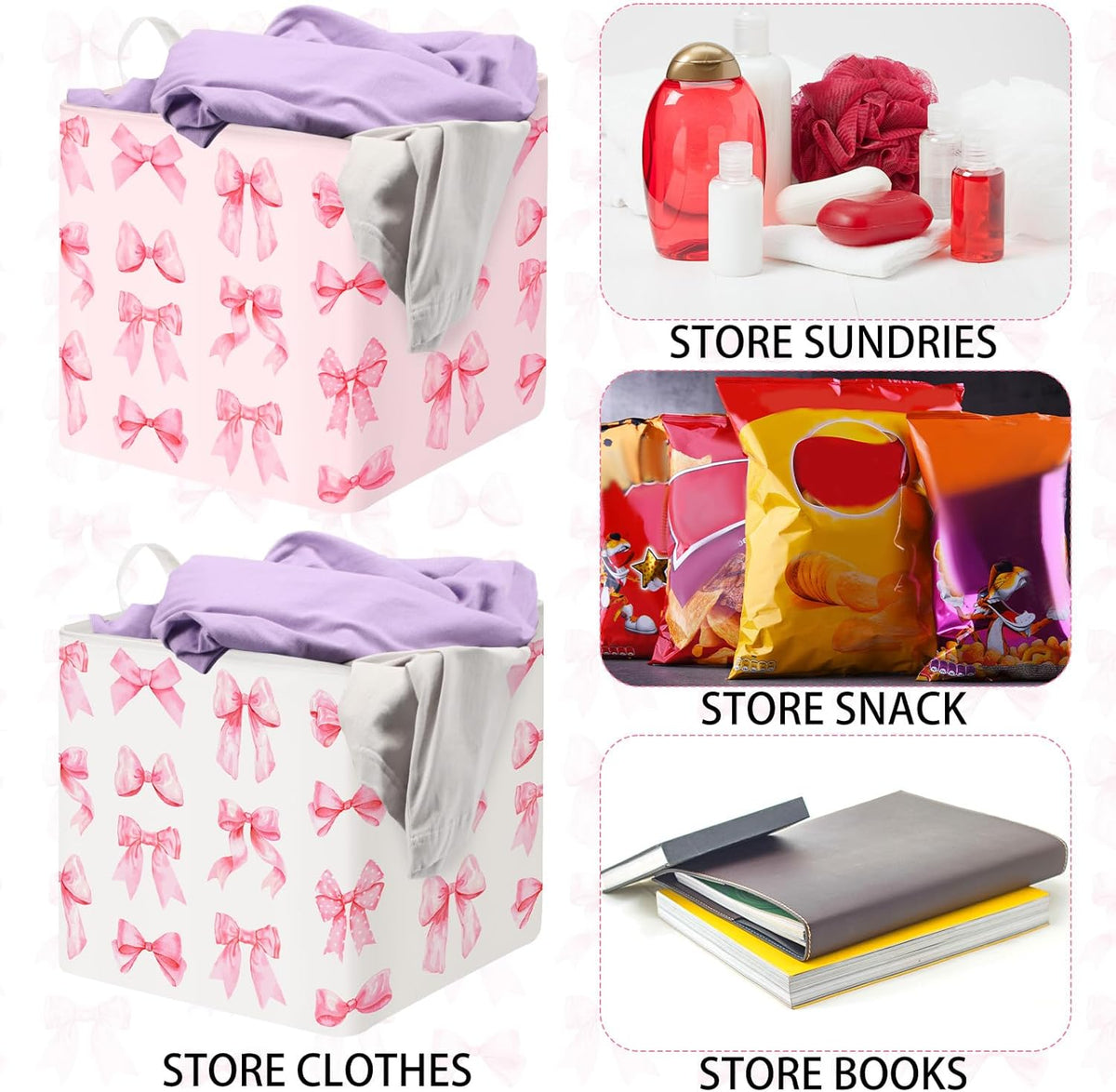 2 Pack Pink Bow Laundry Basket, Foldable Waterproof, 12.6 Inch