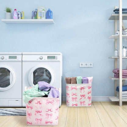 2 Pack Pink Bow Laundry Basket, Foldable Waterproof, 12.6 Inch