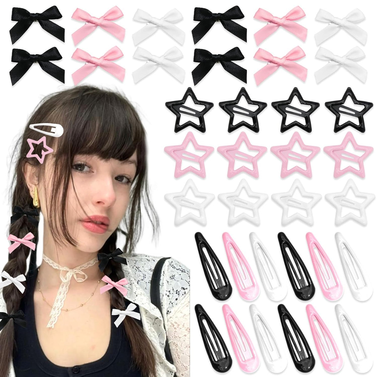 36Pcs Pink Bow Hair Clips 3 Style Y2K Star Hair Barrettes for Women Metal Snap Hair Clips Black White Mini Satin Hair Bows Non-Slip Hair Barrettes Pins Accessories for Girls