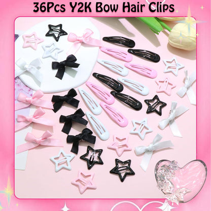 36Pcs Pink Bow Hair Clips 3 Style Y2K Star Hair Barrettes for Women Metal Snap Hair Clips Black White Mini Satin Hair Bows Non-Slip Hair Barrettes Pins Accessories for Girls
