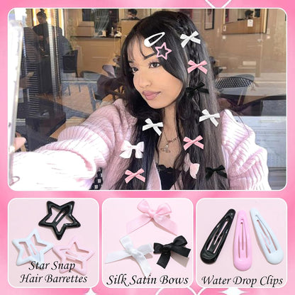 36Pcs Pink Bow Hair Clips 3 Style Y2K Star Hair Barrettes for Women Metal Snap Hair Clips Black White Mini Satin Hair Bows Non-Slip Hair Barrettes Pins Accessories for Girls