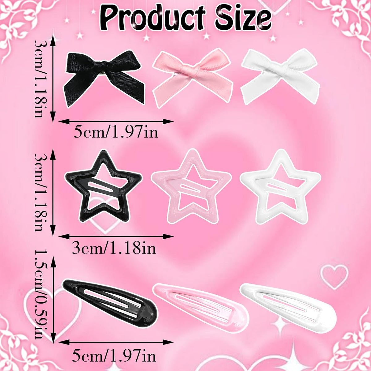 36Pcs Pink Bow Hair Clips 3 Style Y2K Star Hair Barrettes for Women Metal Snap Hair Clips Black White Mini Satin Hair Bows Non-Slip Hair Barrettes Pins Accessories for Girls