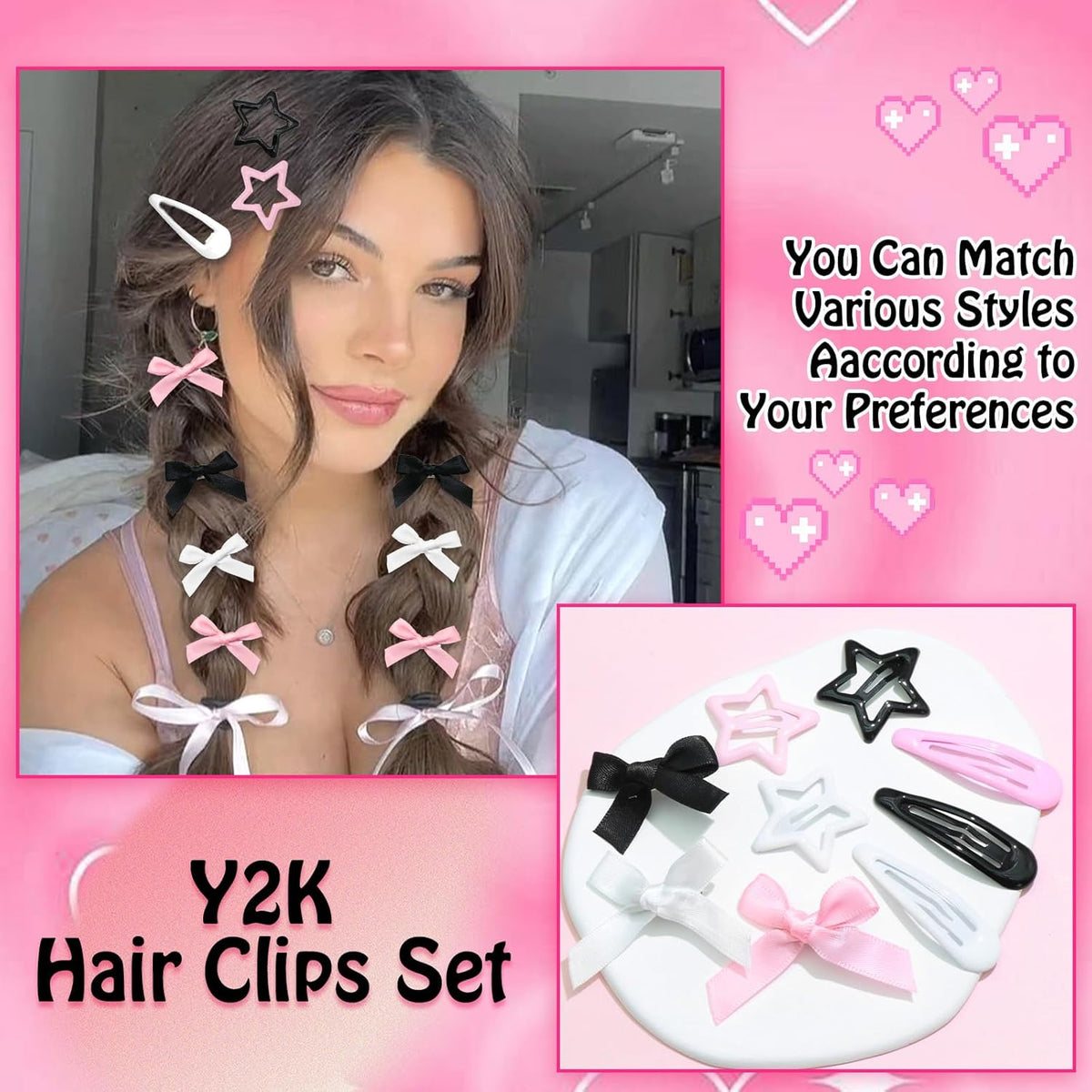 36Pcs Pink Bow Hair Clips 3 Style Y2K Star Hair Barrettes for Women Metal Snap Hair Clips Black White Mini Satin Hair Bows Non-Slip Hair Barrettes Pins Accessories for Girls