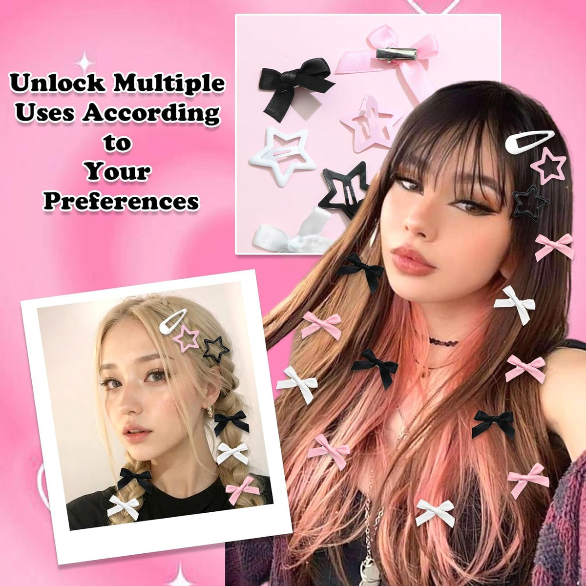 36Pcs Pink Bow Hair Clips 3 Style Y2K Star Hair Barrettes for Women Metal Snap Hair Clips Black White Mini Satin Hair Bows Non-Slip Hair Barrettes Pins Accessories for Girls