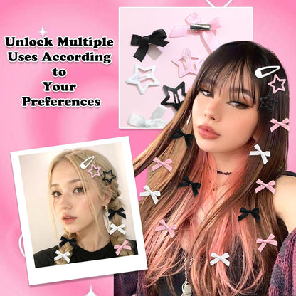 36Pcs Pink Bow Hair Clips 3 Style Y2K Star Hair Barrettes for Women Metal Snap Hair Clips Black White Mini Satin Hair Bows Non-Slip Hair Barrettes Pins Accessories for Girls