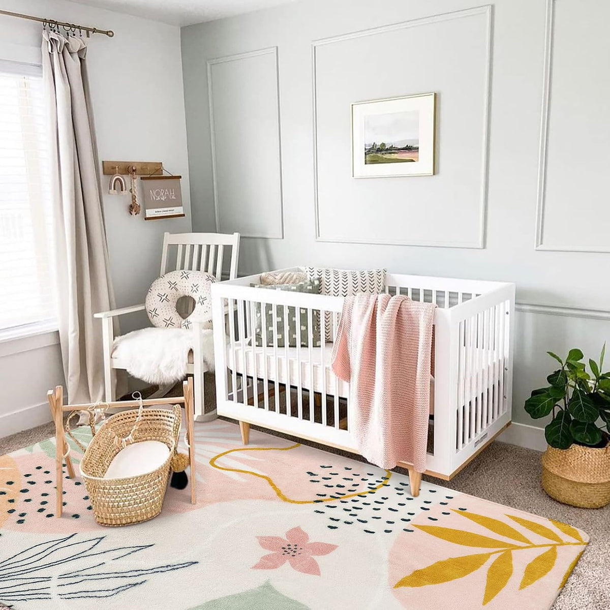 Pink Washable Living Room Area Rug - 3x5 Small Rugs for Bedroom Non-Slip Throw Soft Nursery Kids Room Low-Plie Boho Botanical Print Carpet for Kitchen Entryway Office Bath Laundry Dining Room
