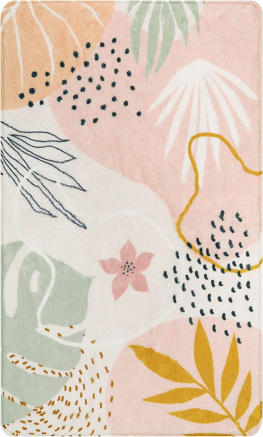 Pink Washable Living Room Area Rug - 3x5 Small Rugs for Bedroom Non-Slip Throw Soft Nursery Kids Room Low-Plie Boho Botanical Print Carpet for Kitchen Entryway Office Bath Laundry Dining Room