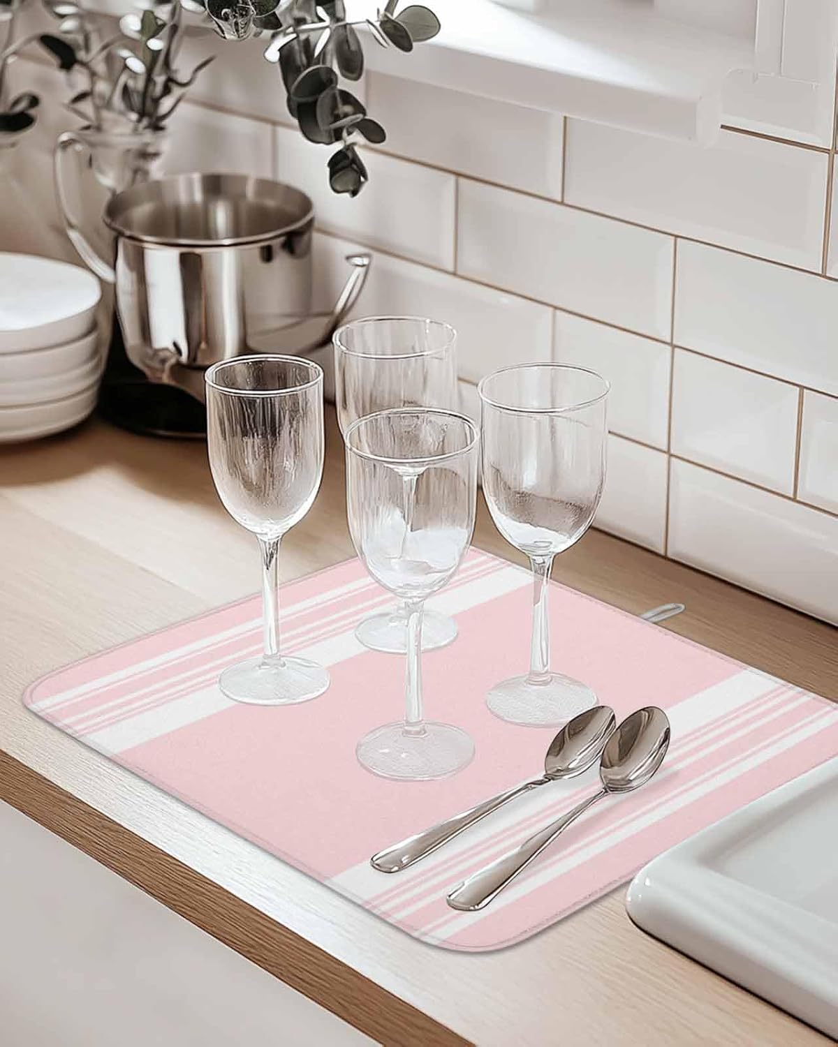Pink Striped Dish Drying Mat 1 Pack, Modern Classic Stripe Rustic Farmhouse Country Absorbent Heat Insulating Kitchen Drying Pad Drainer Mats for Sink Counter Pot Dishes 16 X 18 Inch