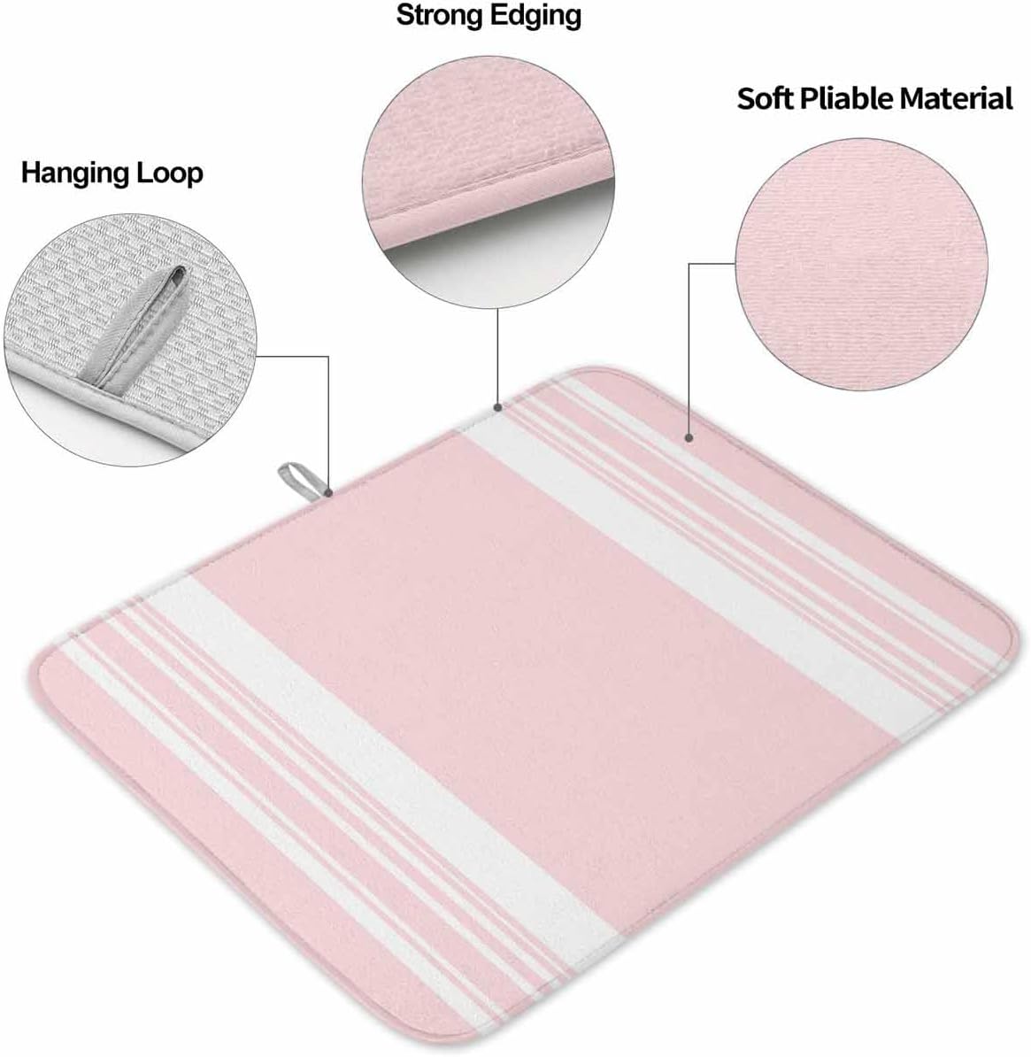 Pink Striped Dish Drying Mat 1 Pack, Modern Classic Stripe Rustic Farmhouse Country Absorbent Heat Insulating Kitchen Drying Pad Drainer Mats for Sink Counter Pot Dishes 16 X 18 Inch