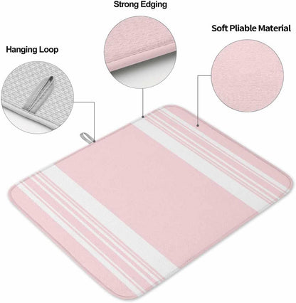 Pink Striped Dish Drying Mat 1 Pack, Modern Classic Stripe Rustic Farmhouse Country Absorbent Heat Insulating Kitchen Drying Pad Drainer Mats for Sink Counter Pot Dishes 16 X 18 Inch