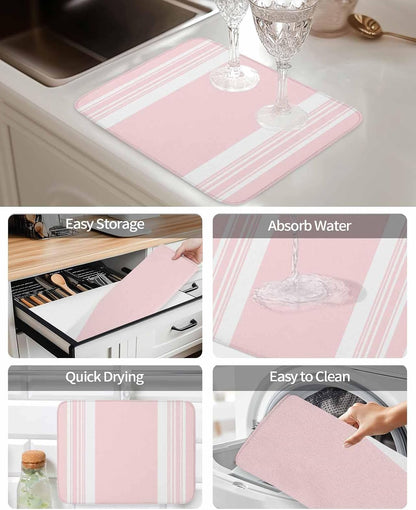Pink Striped Dish Drying Mat 1 Pack, Modern Classic Stripe Rustic Farmhouse Country Absorbent Heat Insulating Kitchen Drying Pad Drainer Mats for Sink Counter Pot Dishes 16 X 18 Inch