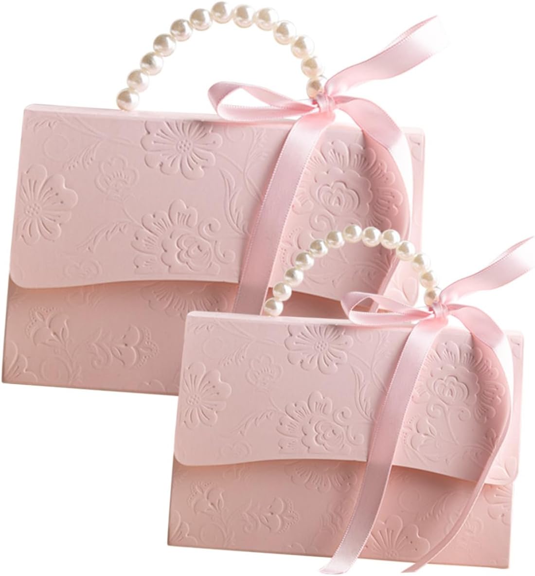 TEHAUX Small and Medium Pink Wrapping Boxes Set with Embossed Flower Pattern and Pearl Chain, Decorative Paper Packaging for Wedding Favors and Party Presents