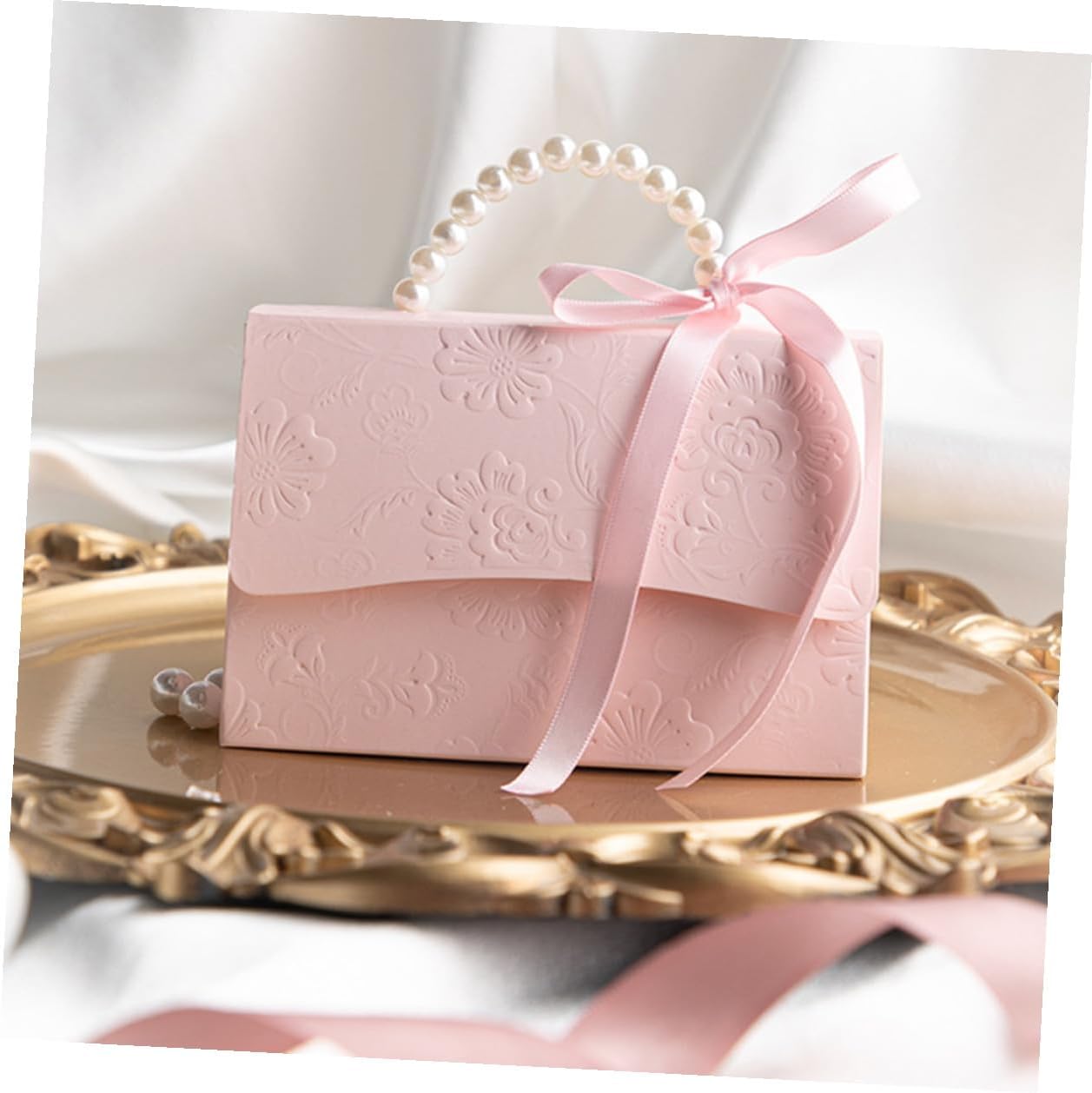 TEHAUX Small and Medium Pink Wrapping Boxes Set with Embossed Flower Pattern and Pearl Chain, Decorative Paper Packaging for Wedding Favors and Party Presents