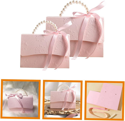 TEHAUX Small and Medium Pink Wrapping Boxes Set with Embossed Flower Pattern and Pearl Chain, Decorative Paper Packaging for Wedding Favors and Party Presents