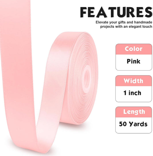 Pink Satin Ribbon 1 Inch, Double Faced 50 Yards Coquette Valentines Ribbon for Gift Wrapping, Flower Bouquet DIY Hair Bows Eternal Flowers, Valentines Day Wedding Birthday Graduation Party Decorations