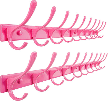 Coat Rack Wall Mounted - 10 Hooks, Pack of 2, Heavy Duty, Stainless Steel, Metal Wall Hanger, Sturdy Coat Hooks for Hanging Coats, Jacket, Clothes, Hat, Pink