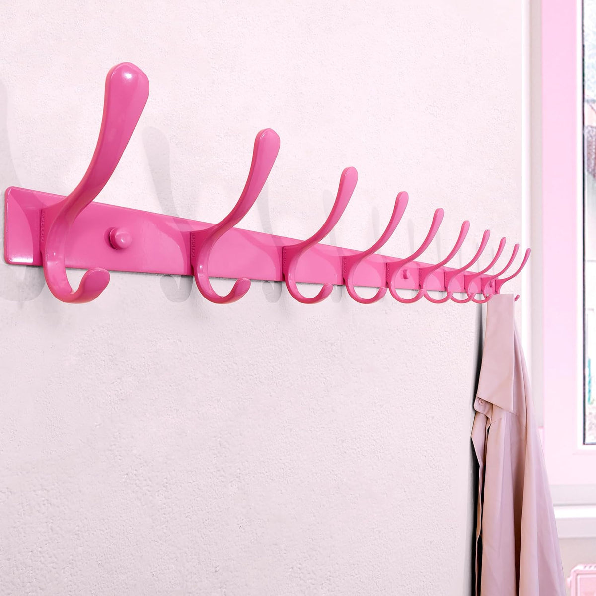 Coat Rack Wall Mounted - 10 Hooks, Pack of 2, Heavy Duty, Stainless Steel, Metal Wall Hanger, Sturdy Coat Hooks for Hanging Coats, Jacket, Clothes, Hat, Pink