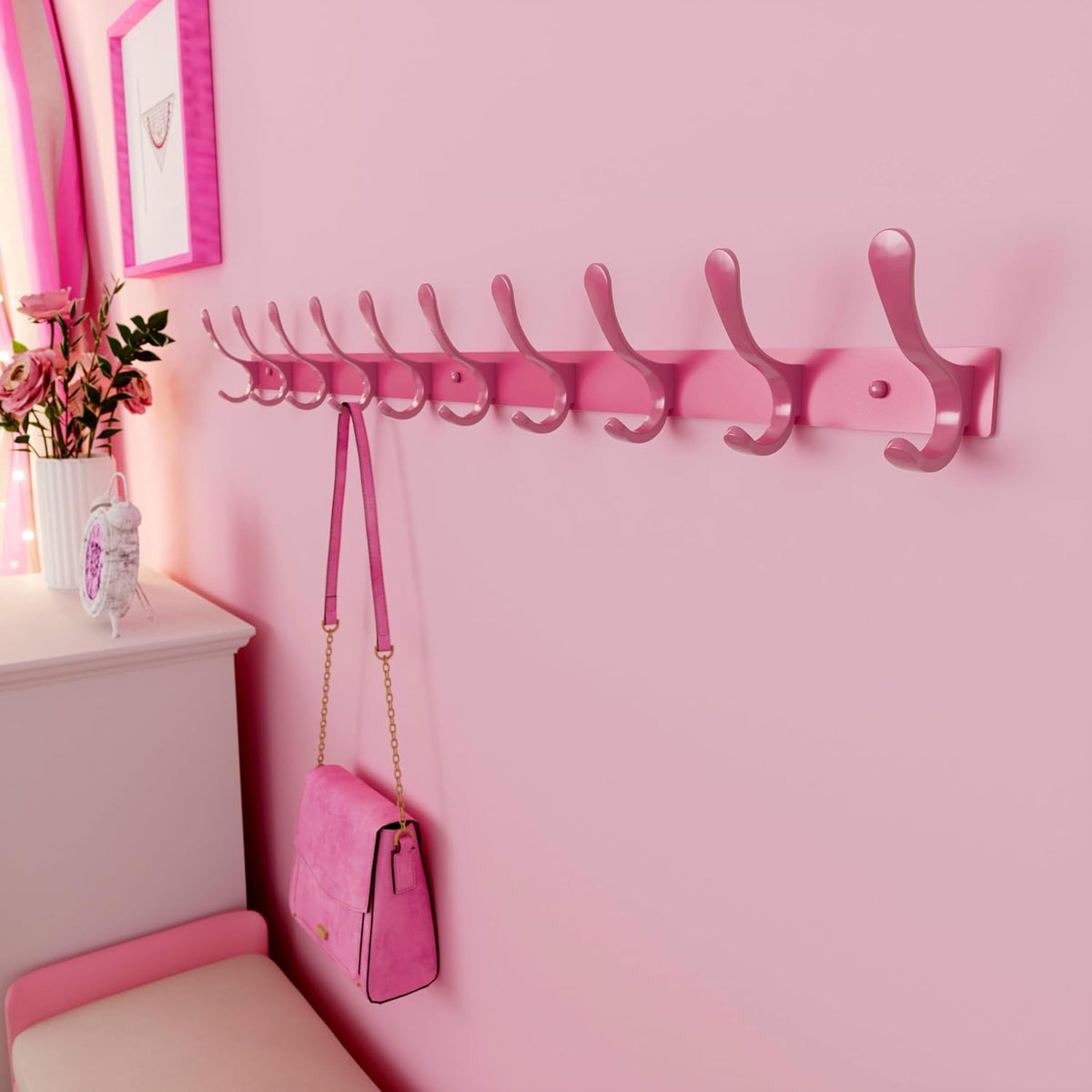 Coat Rack Wall Mounted - 10 Hooks, Pack of 2, Heavy Duty, Stainless Steel, Metal Wall Hanger, Sturdy Coat Hooks for Hanging Coats, Jacket, Clothes, Hat, Pink