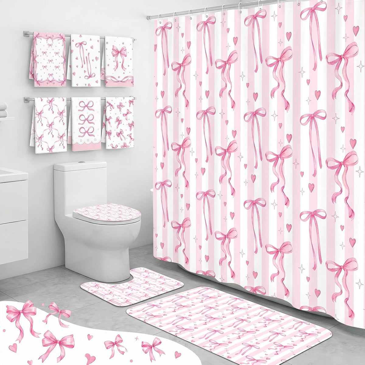 Bathroom Sets with Shower Curtain and Rugs Set of 10 Pink Bows