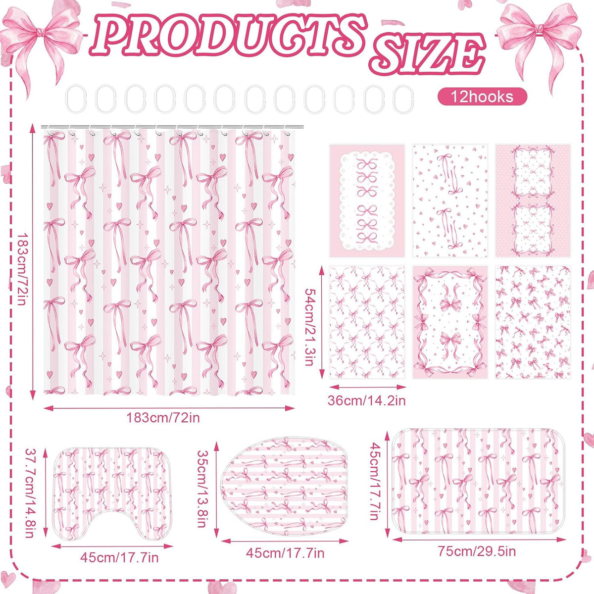 Bathroom Sets with Shower Curtain and Rugs Set of 10 Pink Bows