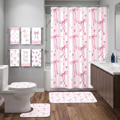 Bathroom Sets with Shower Curtain and Rugs Set of 10 Pink Bows