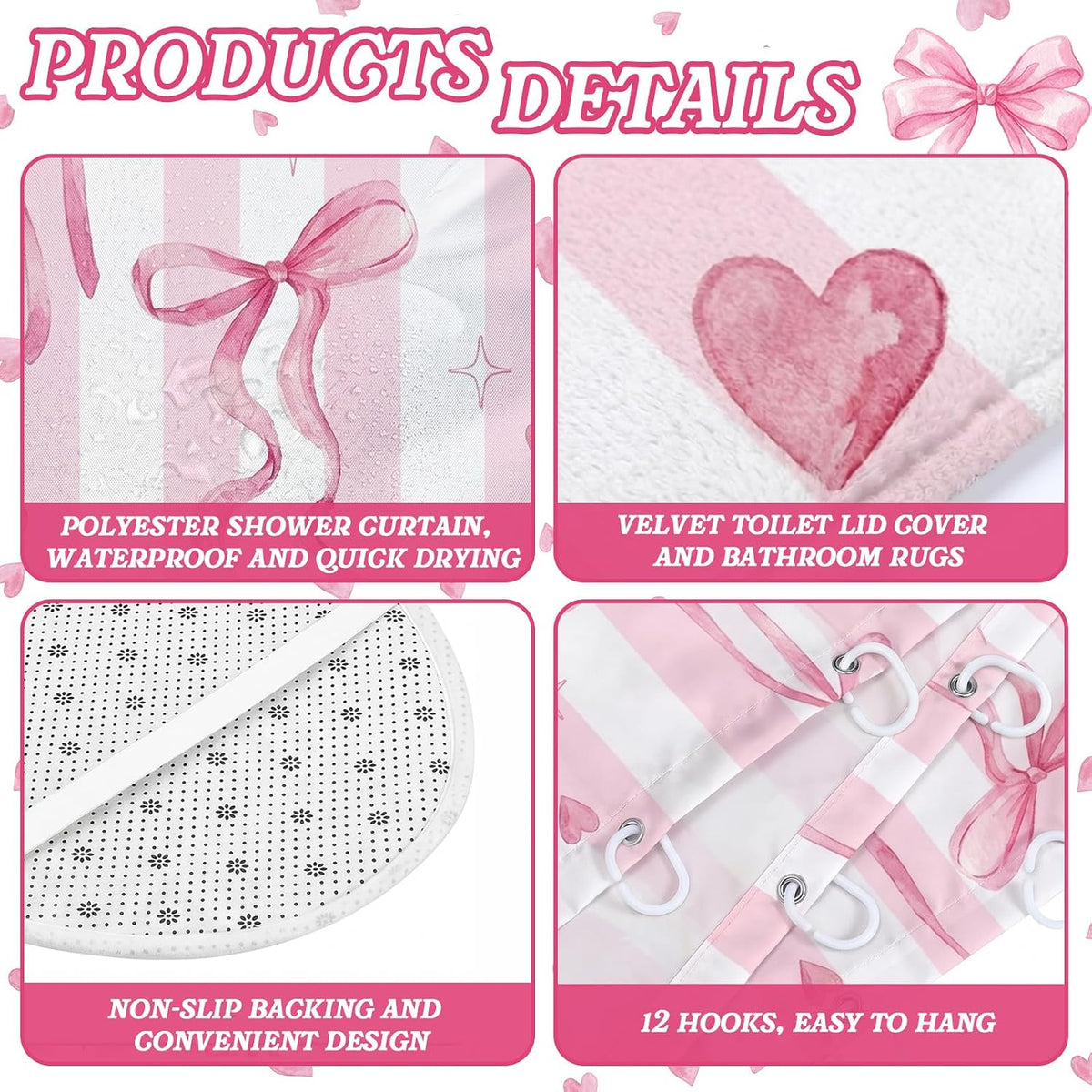 Bathroom Sets with Shower Curtain and Rugs Set of 10 Pink Bows