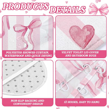 Bathroom Sets with Shower Curtain and Rugs Set of 10 Pink Bows