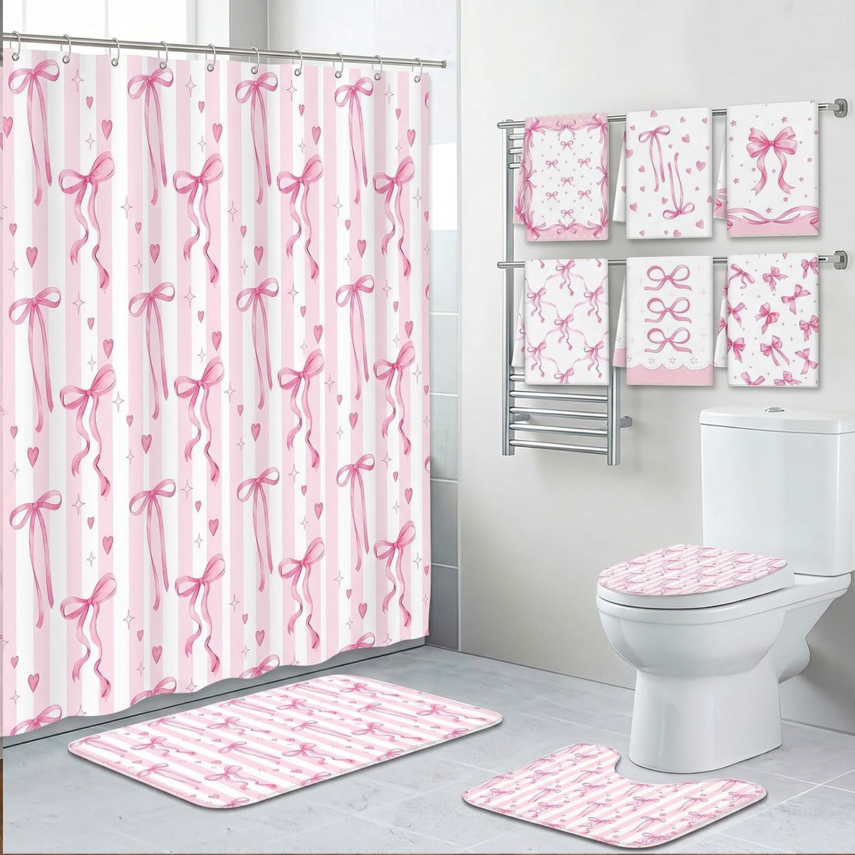 Bathroom Sets with Shower Curtain and Rugs Set of 10 Pink Bows