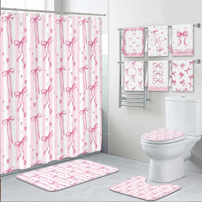 Bathroom Sets with Shower Curtain and Rugs Set of 10 Pink Bows