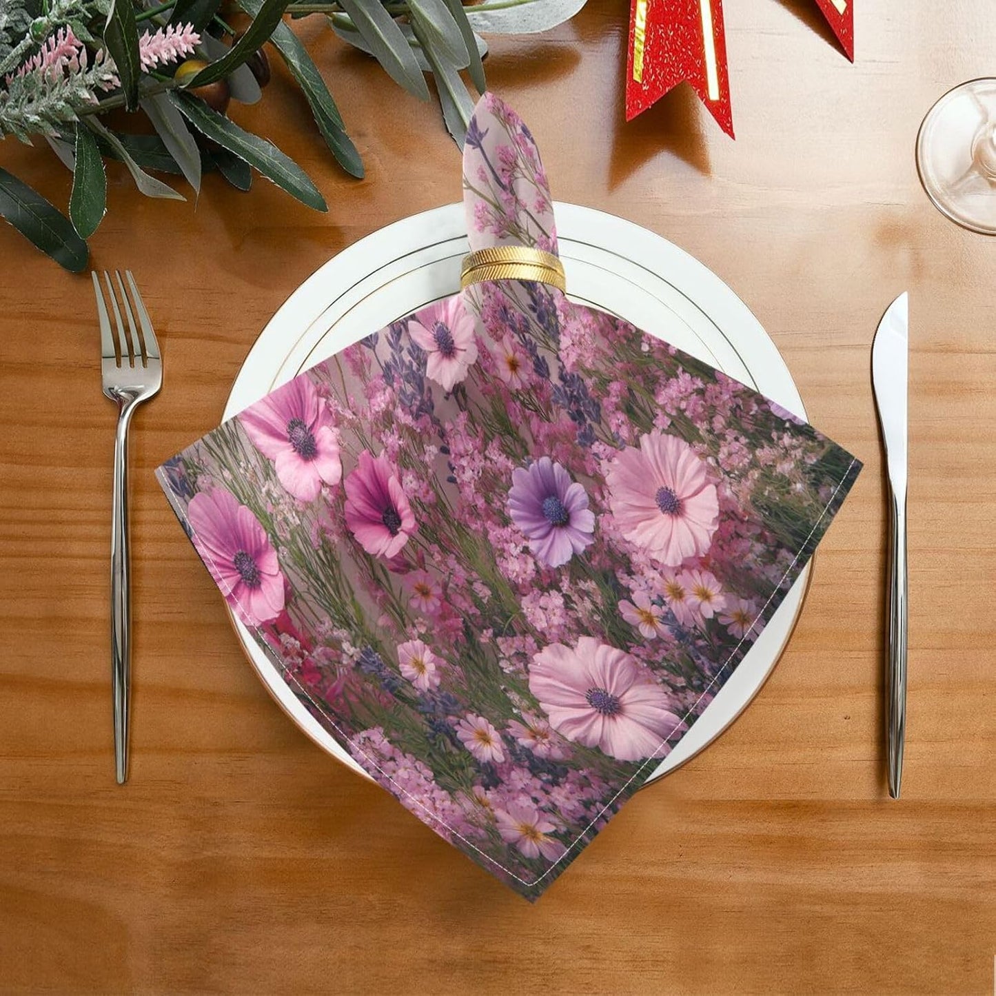Blueangle Pink Wild Flowers Cloth Napkins, Set of 1,20x20 Inch Heavy Duty Fabric for Holiday Parties & Dinner Table Decor（3）