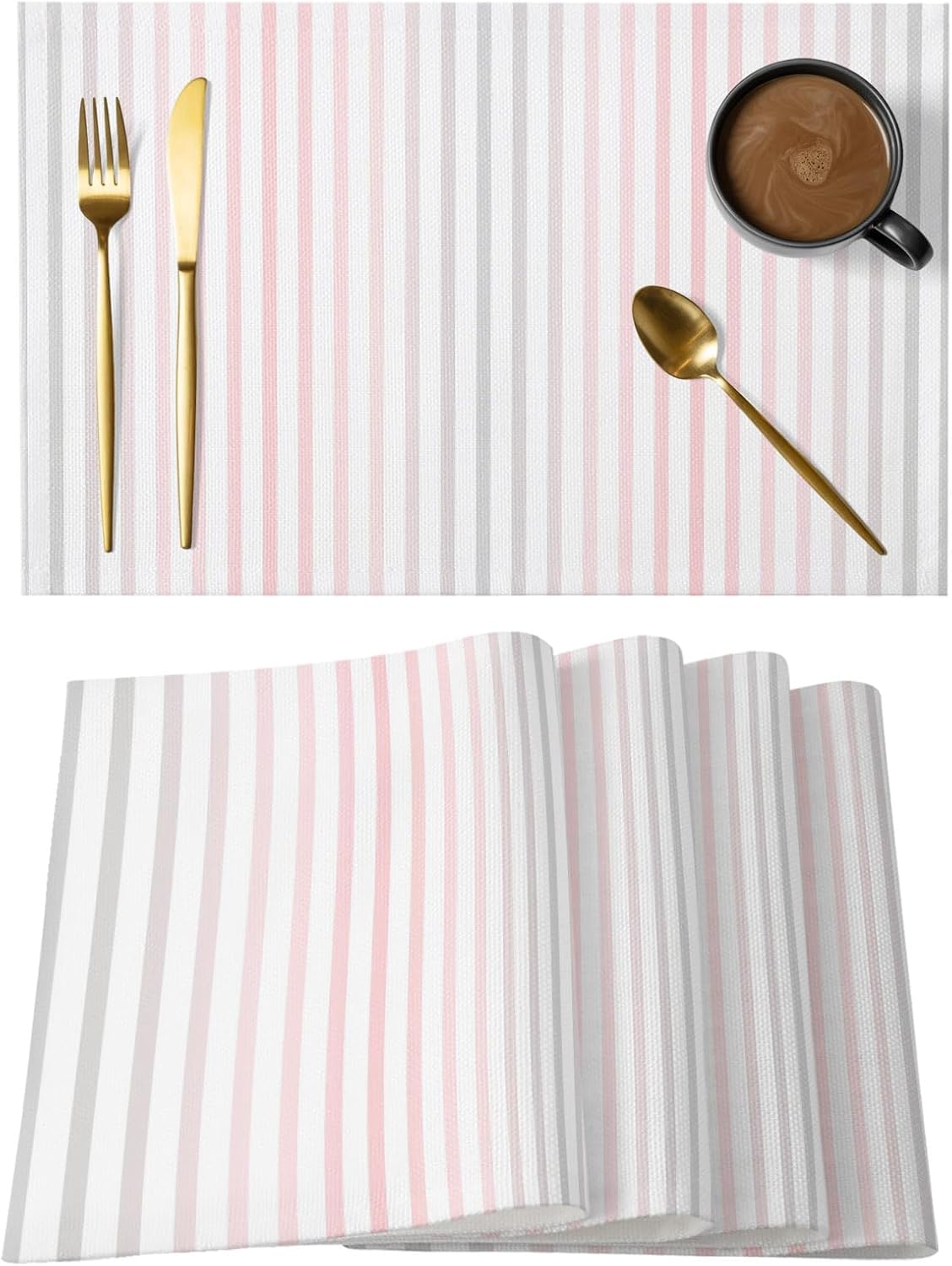 Ombre Pink Grey Striped Placemats Set of 4, Cotton Linen Fabric Place Mats, Farmhouse Modern Stripes Washable Decorative Table Mats Protector for Home Kitchen Dining Wedding Party Coffee Tables