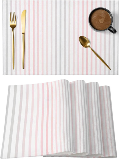 Ombre Pink Grey Striped Placemats Set of 4, Cotton Linen Fabric Place Mats, Farmhouse Modern Stripes Washable Decorative Table Mats Protector for Home Kitchen Dining Wedding Party Coffee Tables