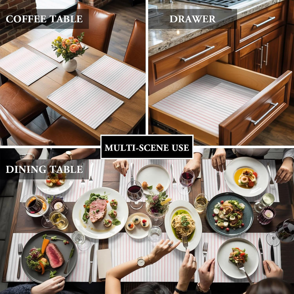 Ombre Pink Grey Striped Placemats Set of 4, Cotton Linen Fabric Place Mats, Farmhouse Modern Stripes Washable Decorative Table Mats Protector for Home Kitchen Dining Wedding Party Coffee Tables