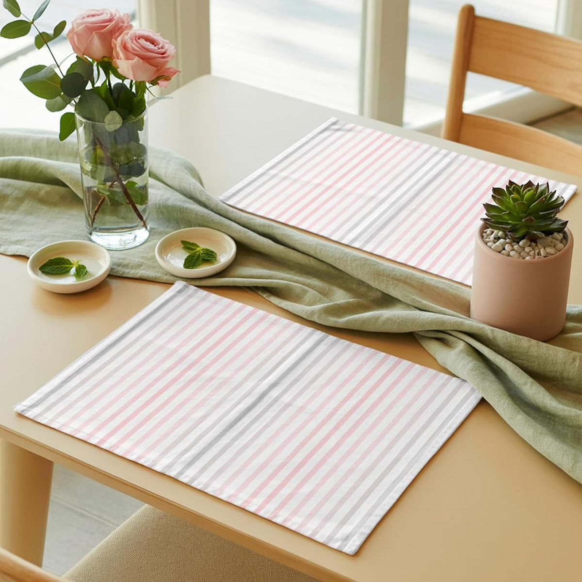 Ombre Pink Grey Striped Placemats Set of 4, Cotton Linen Fabric Place Mats, Farmhouse Modern Stripes Washable Decorative Table Mats Protector for Home Kitchen Dining Wedding Party Coffee Tables