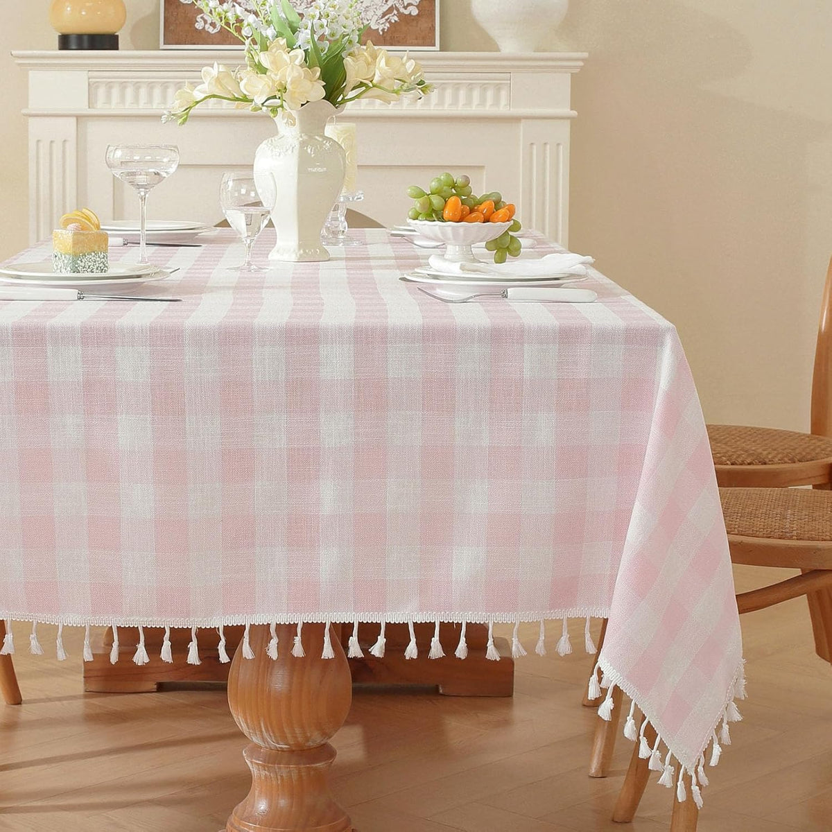 Gingham Tablecloth Rectangular Tassels Picnic Table Cover 55”x 70”