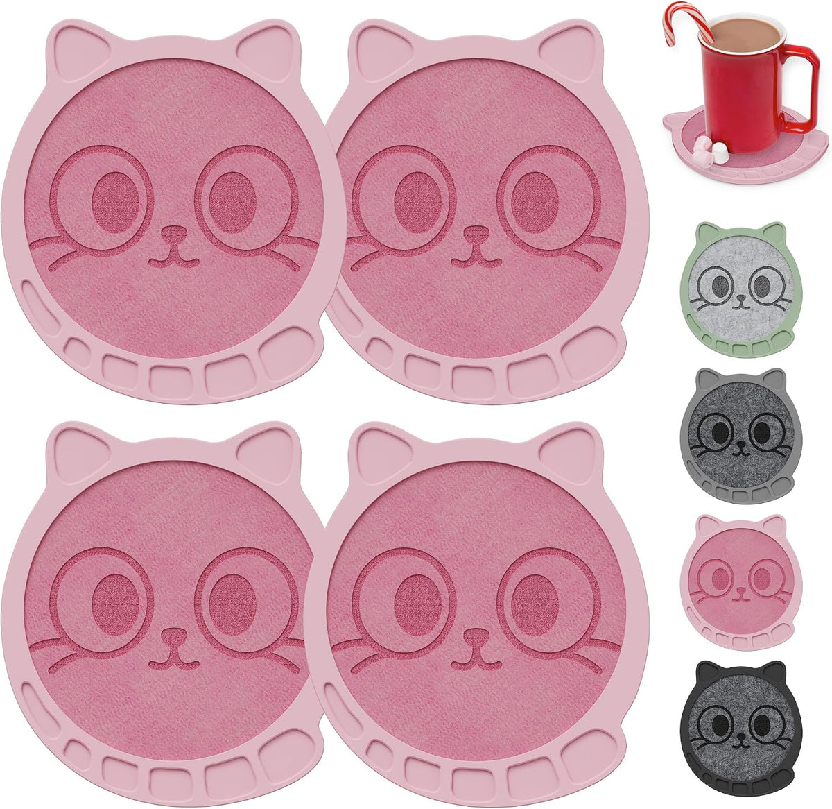 Silicone Drink Coasters Set of 4, Cat Face Absorbent Felt Pads