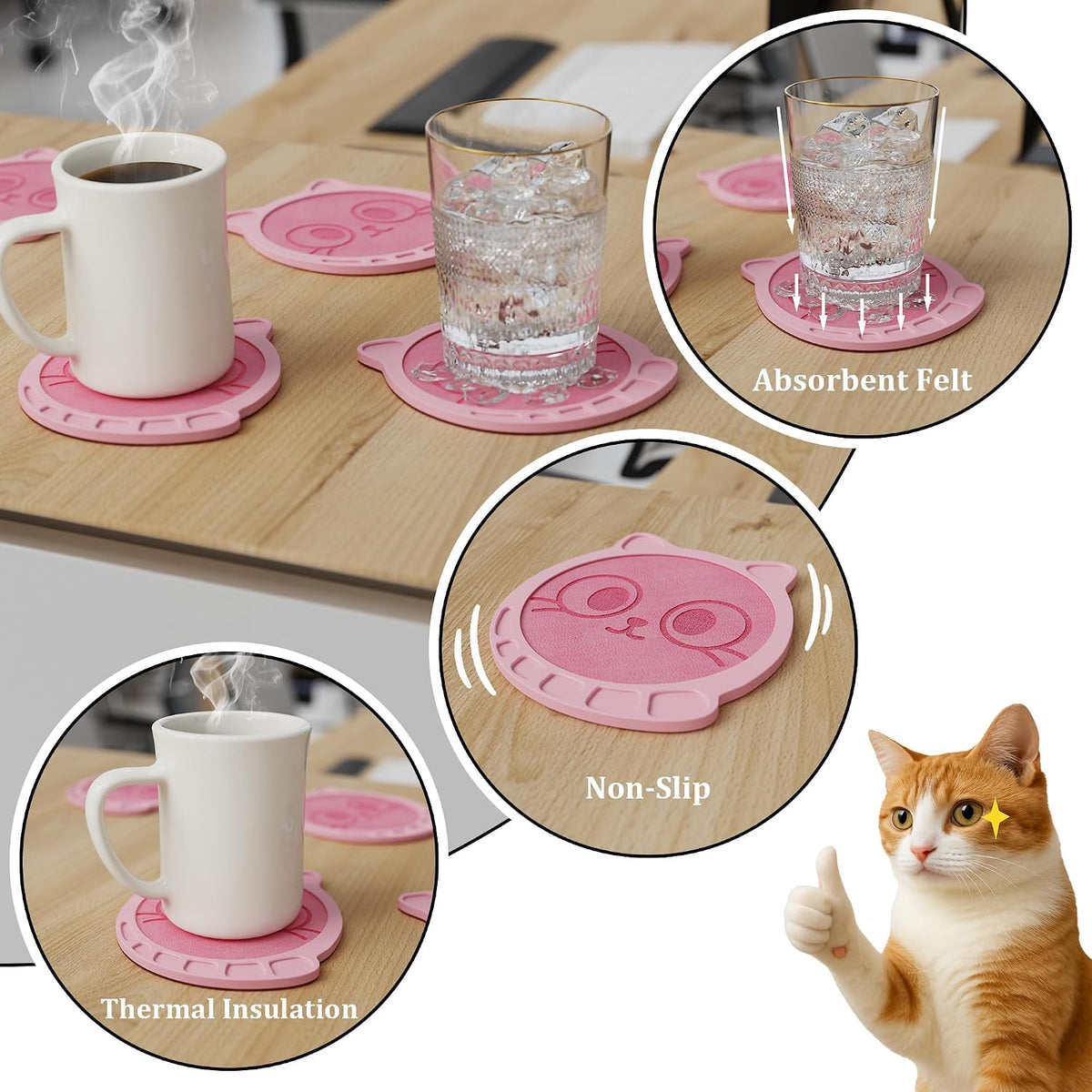 Silicone Drink Coasters Set of 4, Cat Face Absorbent Felt Pads