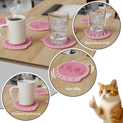 Silicone Drink Coasters Set of 4, Cat Face Absorbent Felt Pads