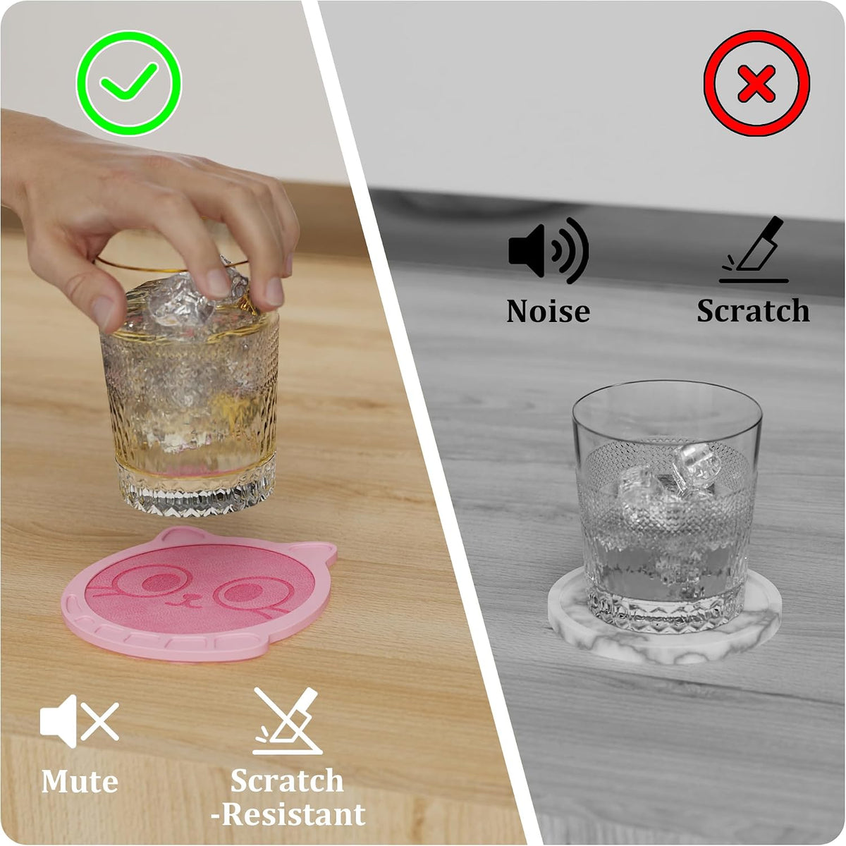 Silicone Drink Coasters Set of 4, Cat Face Absorbent Felt Pads