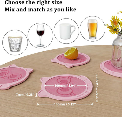 Silicone Drink Coasters Set of 4, Cat Face Absorbent Felt Pads