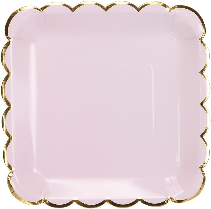 9in Pink Disposable Paper Plates with Gold Scalloped Border, 20ct