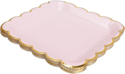 9in Pink Disposable Paper Plates with Gold Scalloped Border, 20ct