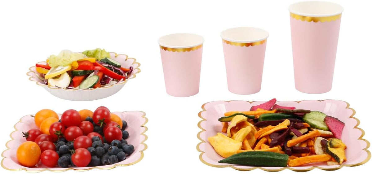 9in Pink Disposable Paper Plates with Gold Scalloped Border, 20ct